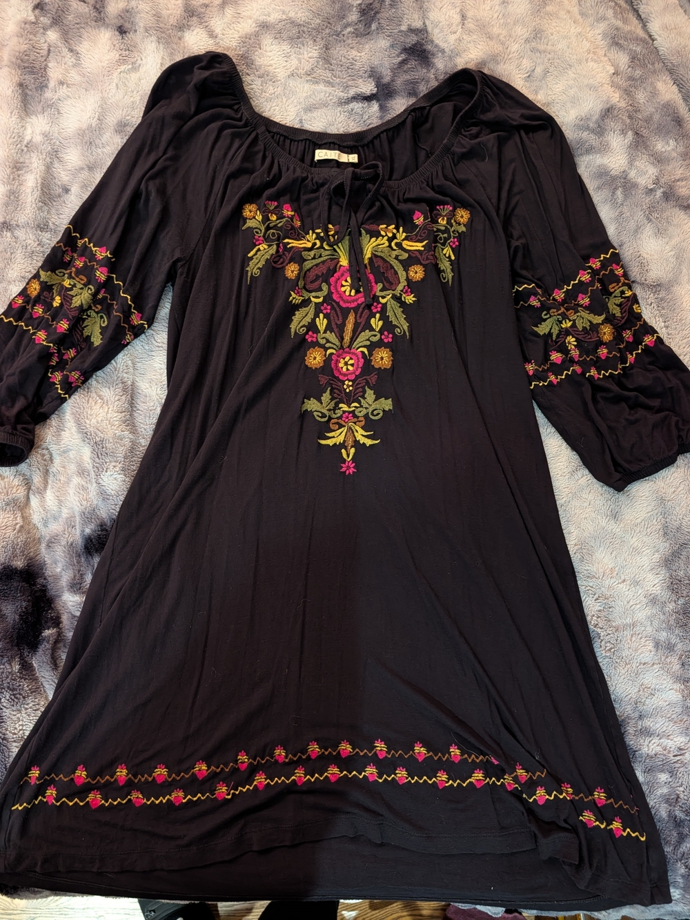 Embroidered Black Boho Long-Sleeve Dress